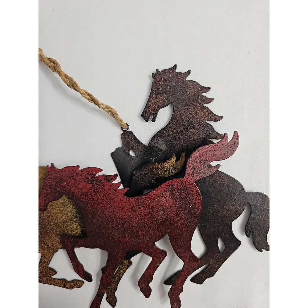 VTG Run/Rearing Wild Horses Cut Metal 3D Hanging Decor Rustic Tones Western 7x7